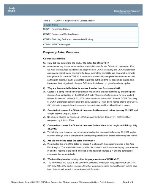 End-of-Life Announcement for CCNA v3.1 Curriculum and ... - Cisco