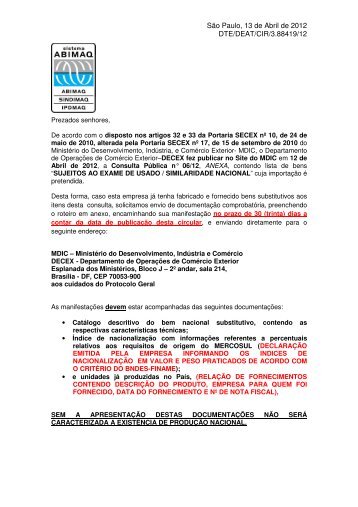 SÃ£o Paulo, 13 de Abril de 2012 DTE/DEAT/CIR/3.88419/12