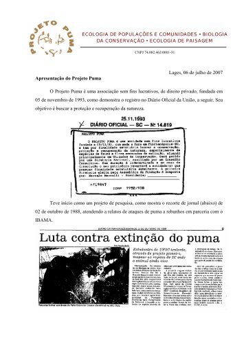 Lages, 06 de julho de 2007 Apresentação do Projeto  Puma O ...