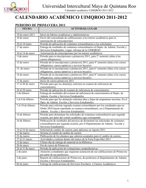 Calendario académico - UIMQRoo