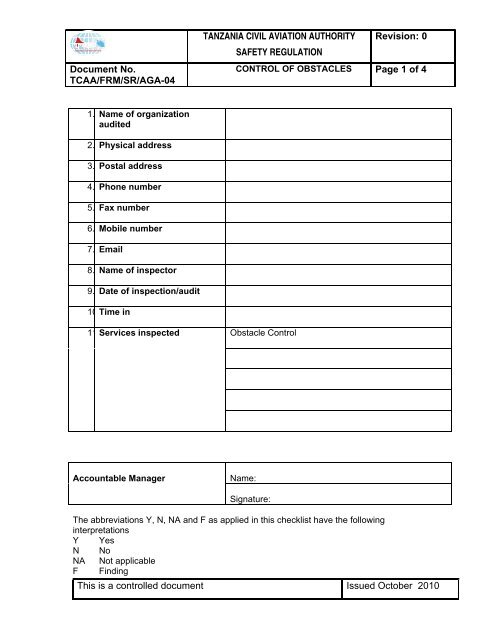 Checklist on Inspection of Obstacles - Tanzania Civil Aviation Authority