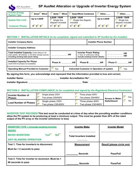SP AusNet Alteration or Upgrade of Inverter Energy System Form