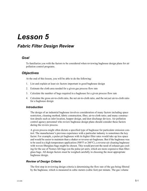 Lesson 5 Fabric Filter Design Review