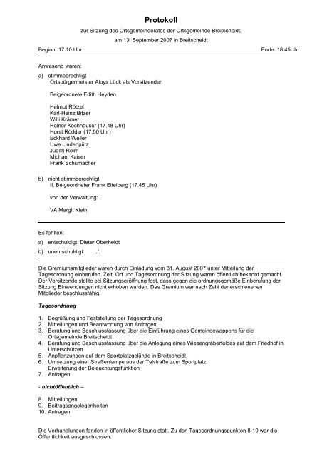 Protokoll - Verbandsgemeinde Hamm (Sieg)