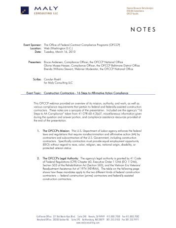 OFCCP Webinar Notes - Maly Consulting LLC