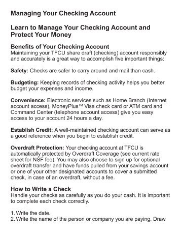 Managing Your Checking Account Learn to Manage Your Checking