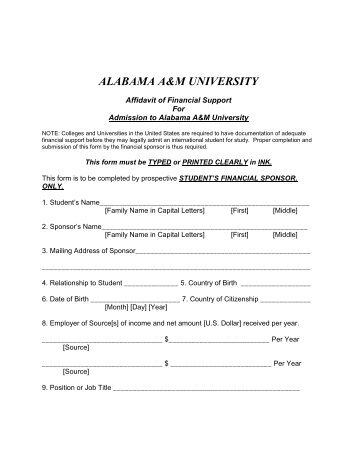 Affidavit of Financial Support - Alabama A&M University