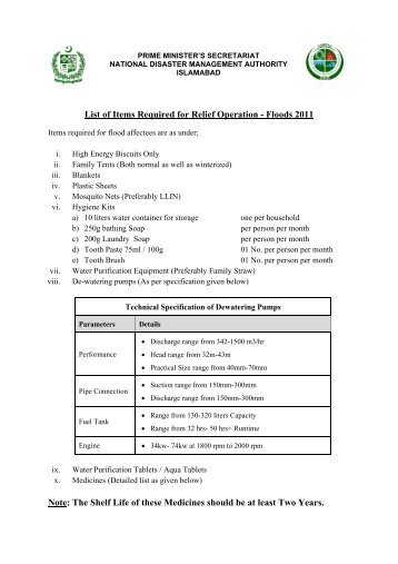 List of Items Required for Relief Operation - Floods 2011 ... - NDMA