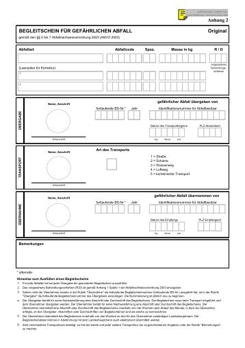 Anhang 2 BEGLEITSCHEIN FÃR GEFÃHRLICHEN ABFALL Original