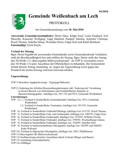 Protokoll vom 10.05.2010 (170 KB) - .PDF - Gemeinde WeiÃenbach ...