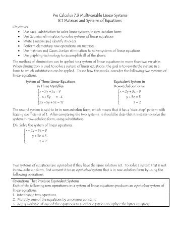 Pre Calculus 7.3 Multivariable Linear Systems 8.1 Matrices and ...