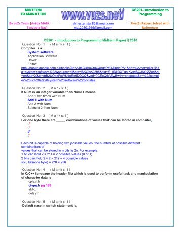 CS201-Introduction to Programming-Solved-Midterm-Papers ... - vuZs