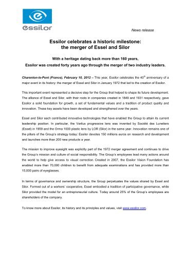 Essilor celebrates a historic milestone: the merger of Essel and Silor
