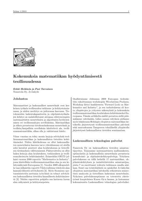 Kokemuksia matematiikan hyödyntämisestä teollisuudessa