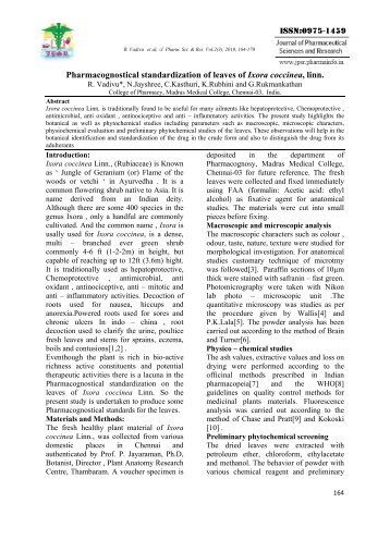 Pharmacognostical standardization of leaves of Ixora coccinea, linn.