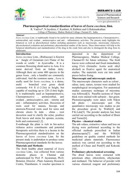 Pharmacognostical standardization of leaves of Ixora coccinea, linn.