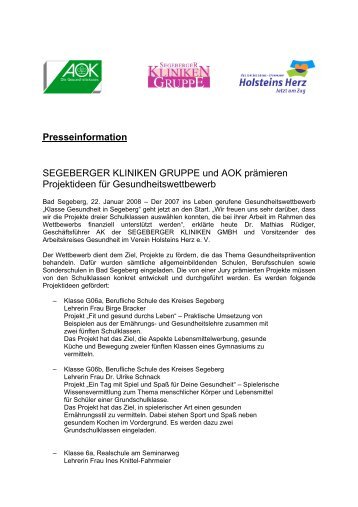 Segeberger Kliniken Gruppe und AOK prÃ¤mieren Projektideen fÃ¼r ...