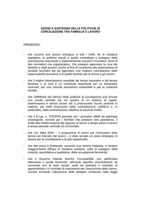 Conciliazione tra famiglia e lavoro - Carta per le Pari OpportunitÃ 