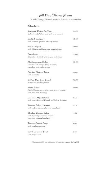 All Day Dining Menu - Mirihi