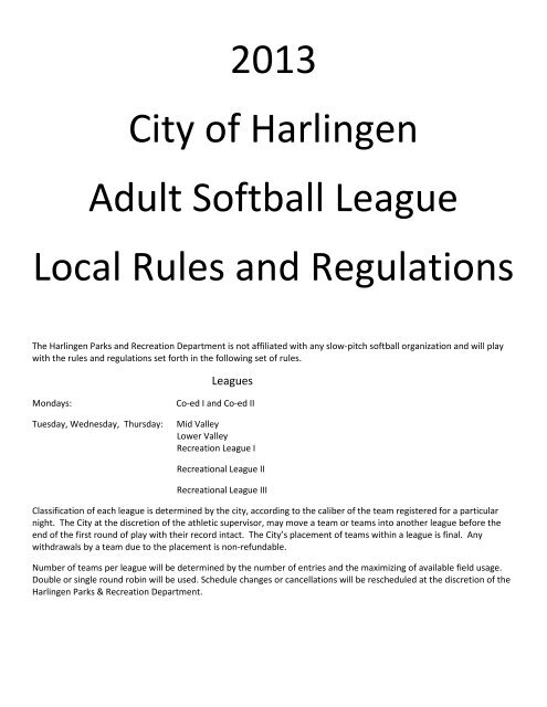 2013 City of Harlingen Adult Softball League Local Rules and ...