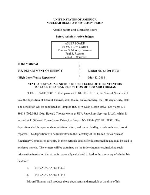 State Of Nevada S Notice Duces Tecum Of The Intention To Take The