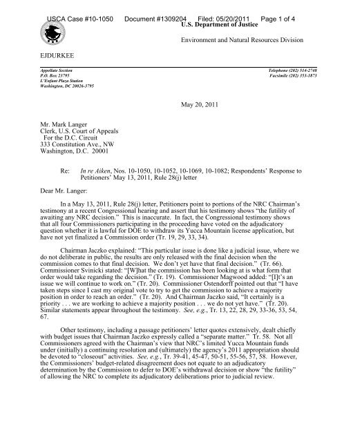 DOJ Letter to Court re Jaczko Letter