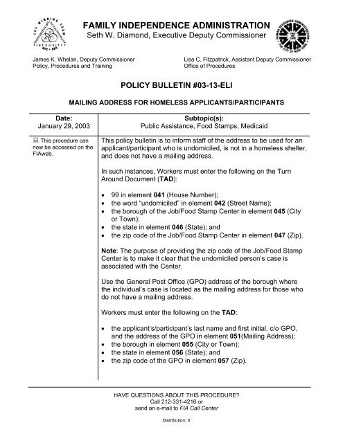 Mailing Addresses for Homeless Applicants/Participants