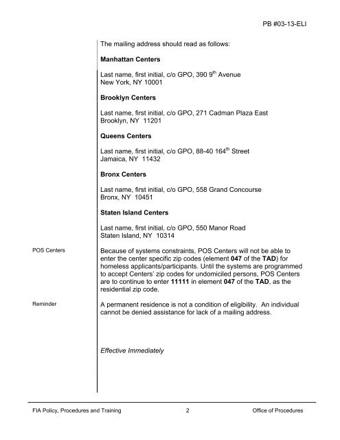 Mailing Addresses for Homeless Applicants/Participants