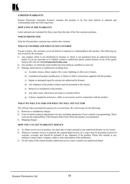 Kramer Electronics Ltd. USER MANUAL ELECTRONIC SWITCHERS