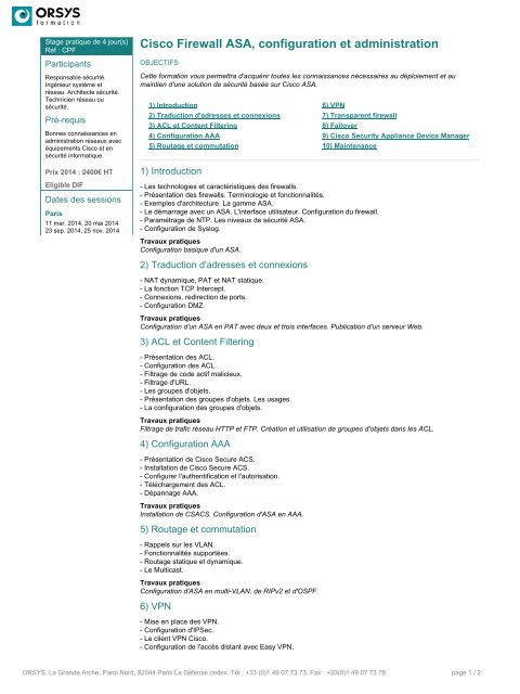 Cisco Firewall ASA, configuration et administration - Orsys