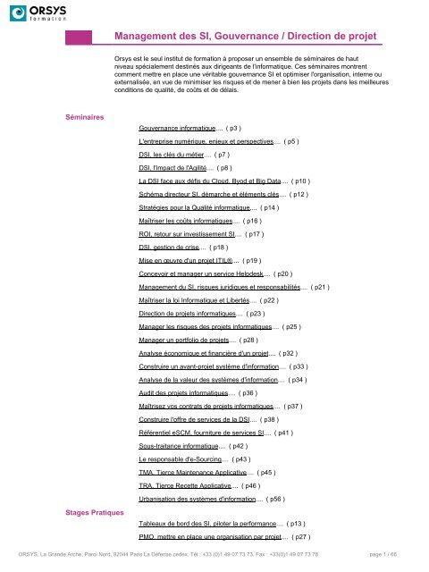 Management du SI, Gouvernance / Direction de projet - Orsys