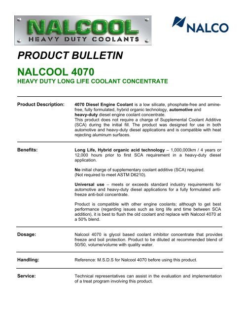 PRODUCT BULLETIN NALCOOL 4070 - Statewide Oil