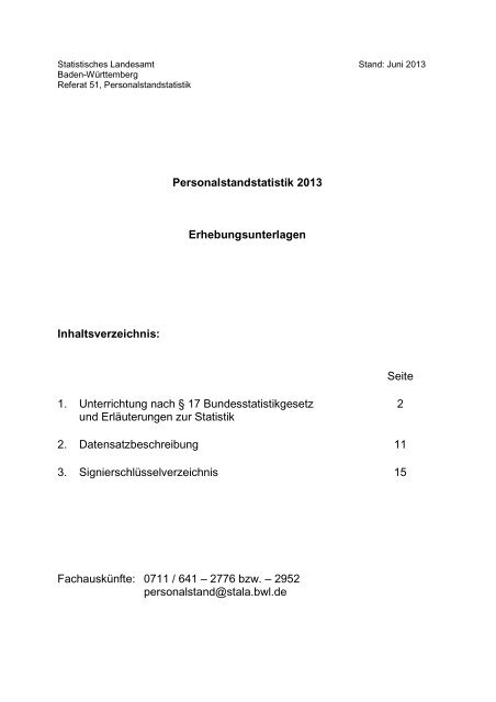 Personalstandstatistik 2013 Erhebungsunterlagen