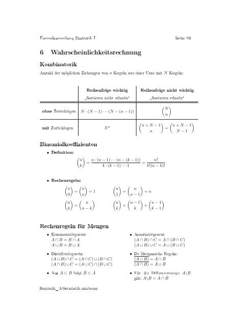 Formelsammlung fÃ¼r die Vorlesung Statistik A - UniversitÃ¤t Bonn