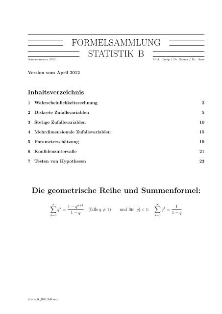 FORMELSAMMLUNG STATISTIK B