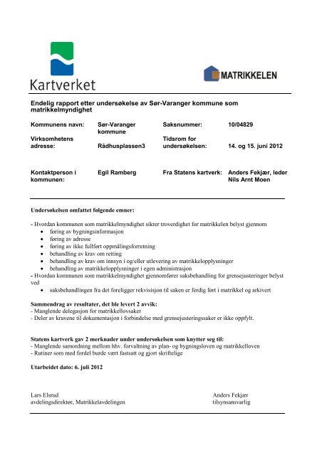 Tilsynsrapport matrikkel - Kartverket