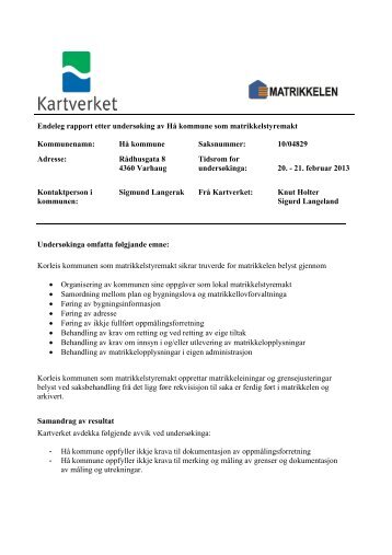 Tilsynsrapport matrikkel - Kartverket