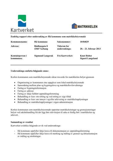 Tilsynsrapport matrikkel - Kartverket