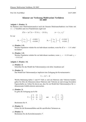 Klausur zur Vorlesung Multivariate Verfahren SS 2005