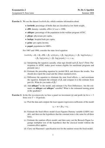 Econometrics 2 Pr. Dr. S. Sperlich Assignment 9: Panel data ...