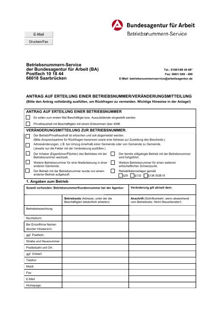 Antragsformular zur Vergabe einer Betriebsnummer