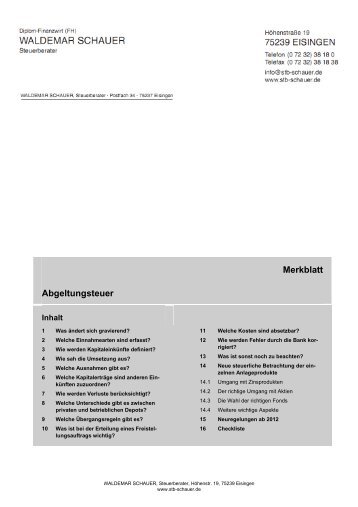 Merkblatt Abgeltungsteuer - Steuerberater Waldemar Schauer