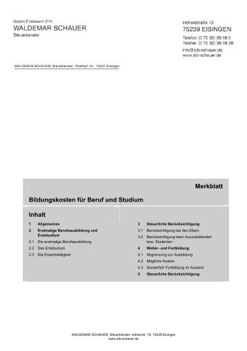 Bildungskosten fÃ¼r Beruf und Studium - Steuerberater Waldemar ...