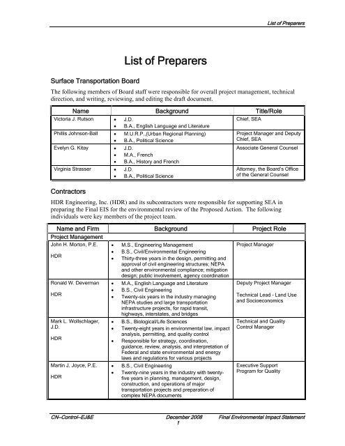 List of Preparers - Surface Transportation Board