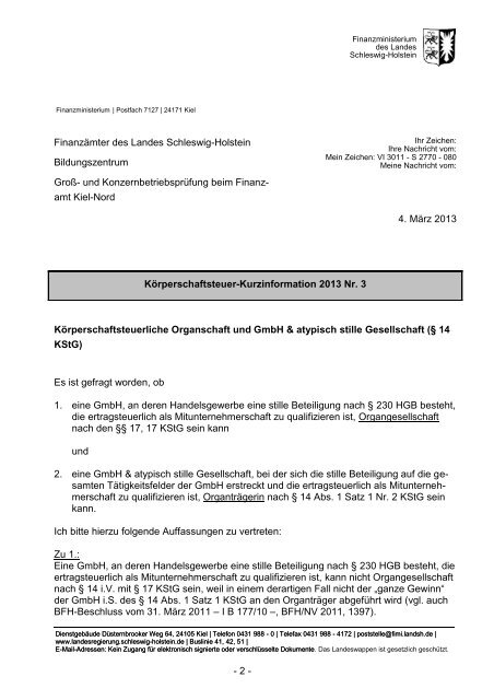 KöSt-Kurzinfo des FM SH zur körperschaftsteuerliche Organschaft ...