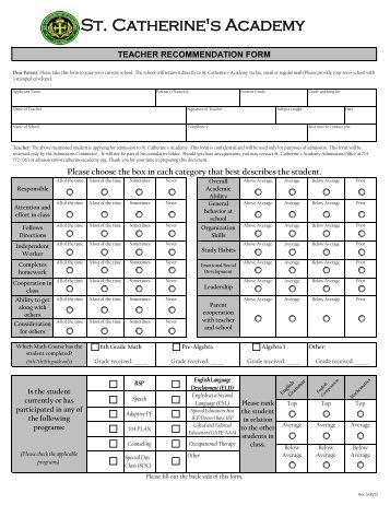 Teacher Recommendation Form - St. Catherine's Academy