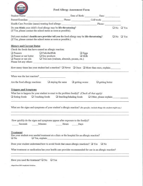 Food Allergy Assessment Form - City of St. Charles School District