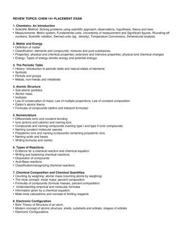 CHEM 141 PLACEMENT EXAM 1. Chemistry: An Introduction ...