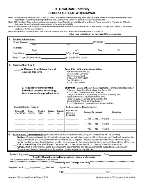 Late Withdrawal Form - St. Cloud State University