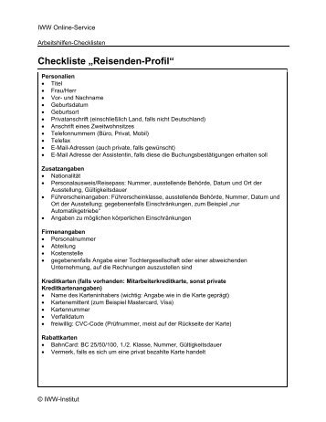 Checkliste „Reisenden-Profil“